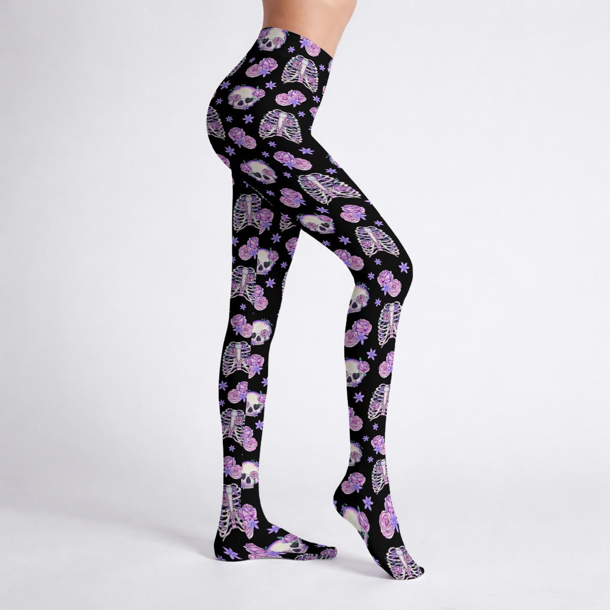 Pastel Goth Bones & Roses Stretch Tights