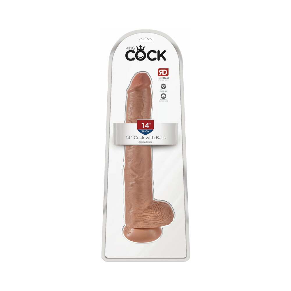 King Cock 14 " Cock With Balls Realistic Suction Cup Dildo Tan