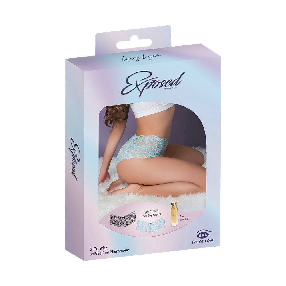 Magic Silk Pheromone Panties Split Crotch Lace Boy Short 2-Pack Aqua/Black S/M
