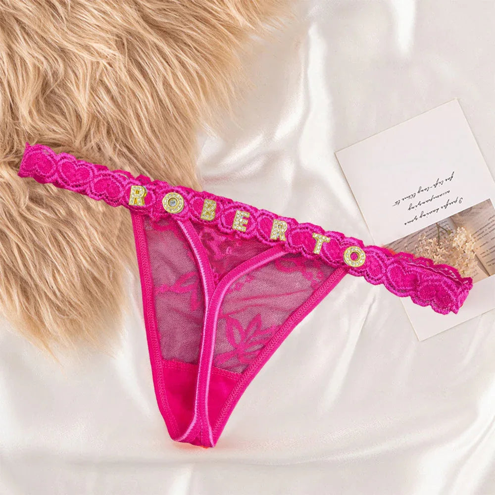 Custom Sparkle & Lace Crystal Letter Thong - Puppy's Aesthetics