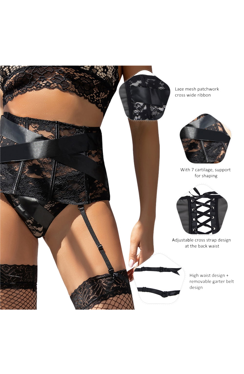 Elegant Suspender Belt and Thong Set (Black)