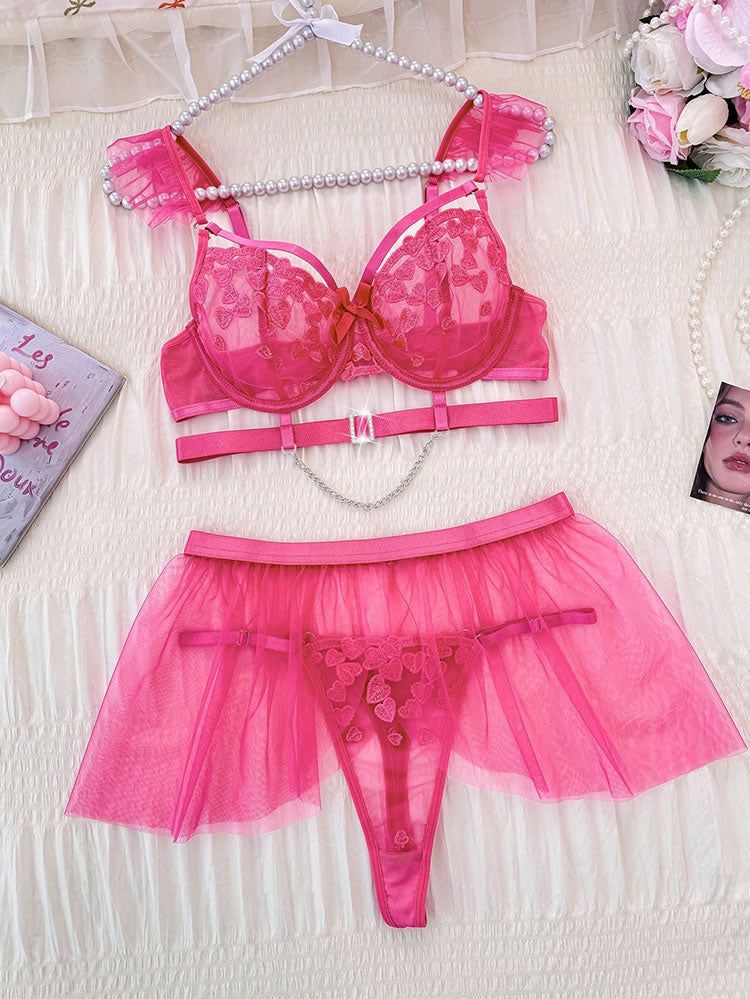 Pink Heart Lace Bra & Tulle Skirt Set