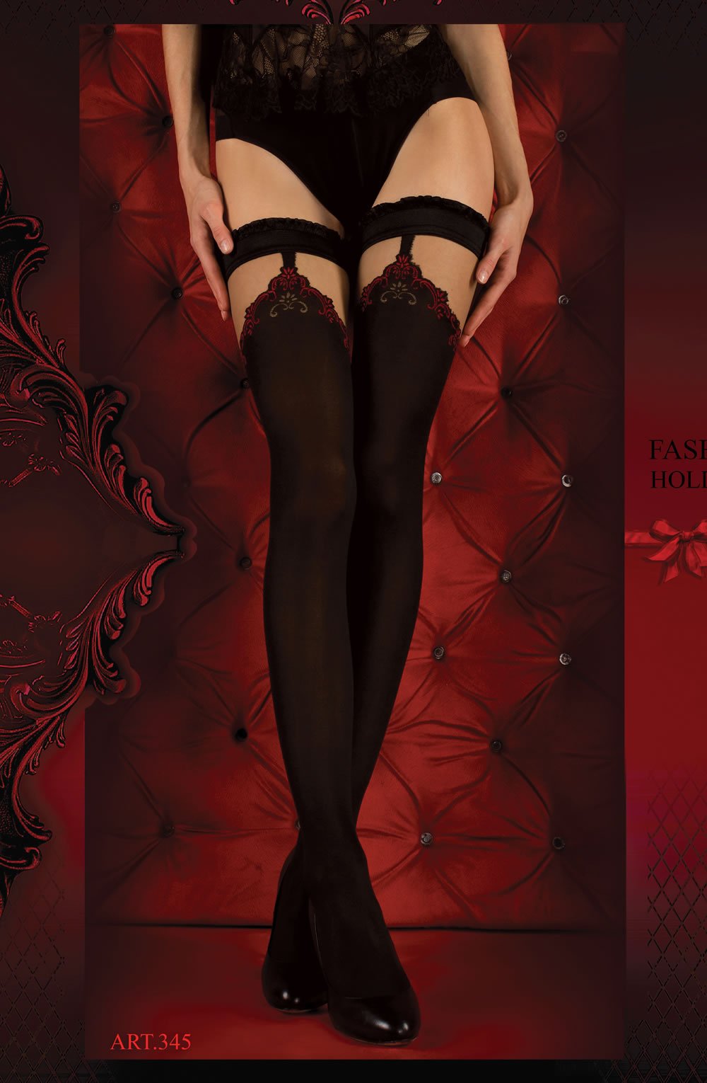 Hold Ups With Red Accent and Ruffle Top (Black)