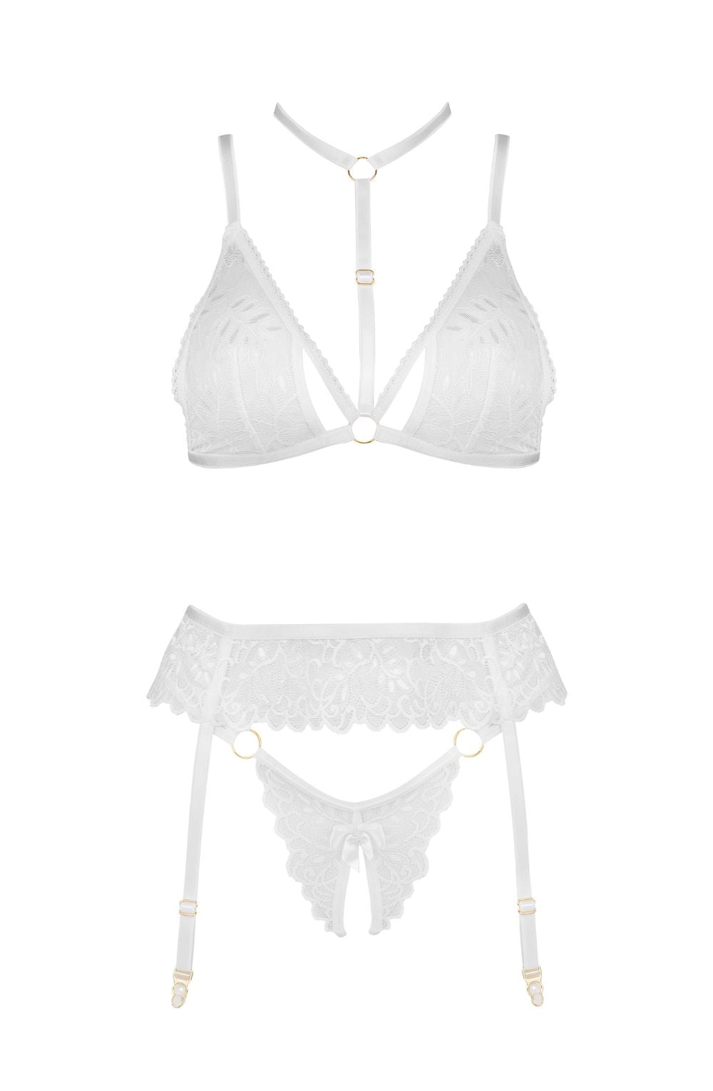 Noemi Lingerie Set Bra Thong Garter Belt (White)