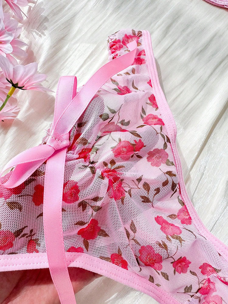 Pink Floral Rose Bra & Panties Set
