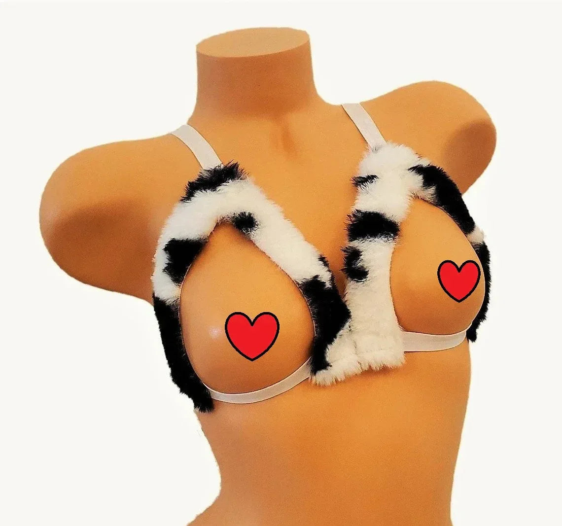 Cow Print Fur Lingere Bra - Puppy's Aesthetics
