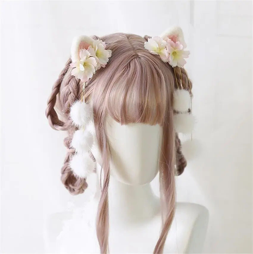 Lolita Kitty Ear Tassel Flower PomPom hairpin 3
