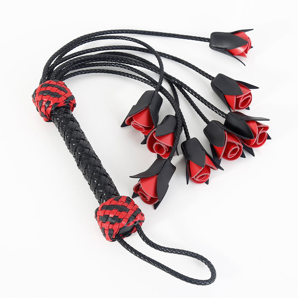 Thorned Obedience Rose Whip – Black & Red Leather