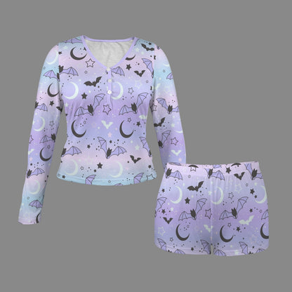 Women's Cartoon Long Sleeves&Shorts Button Pajama Sets