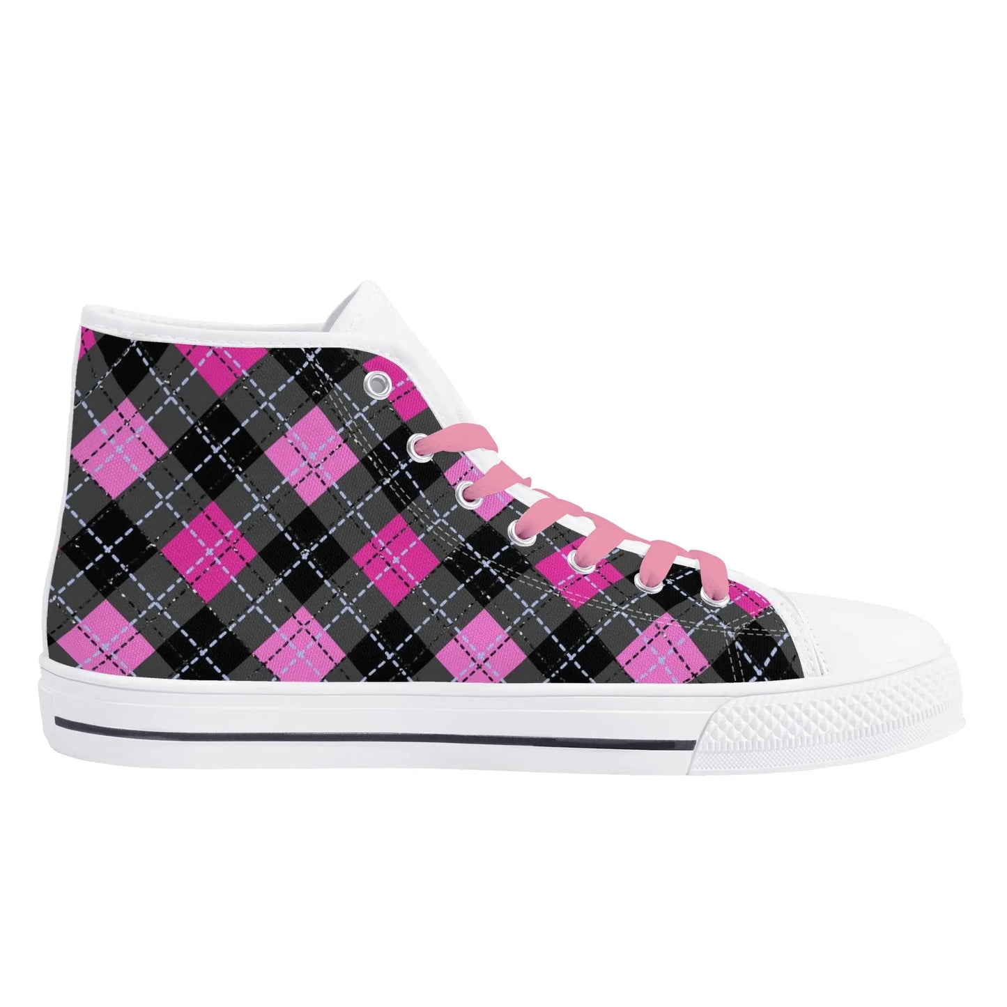 Pink Plaid Womens High Top Canvas Shoes - Image #3