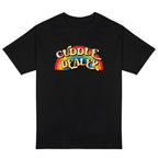 Black t-shirt with 'Cuddle Dealer' text and rainbow design on a white background