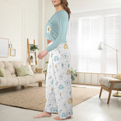 Women's Cartoon Elephant Round Neck Long Pajama Sets