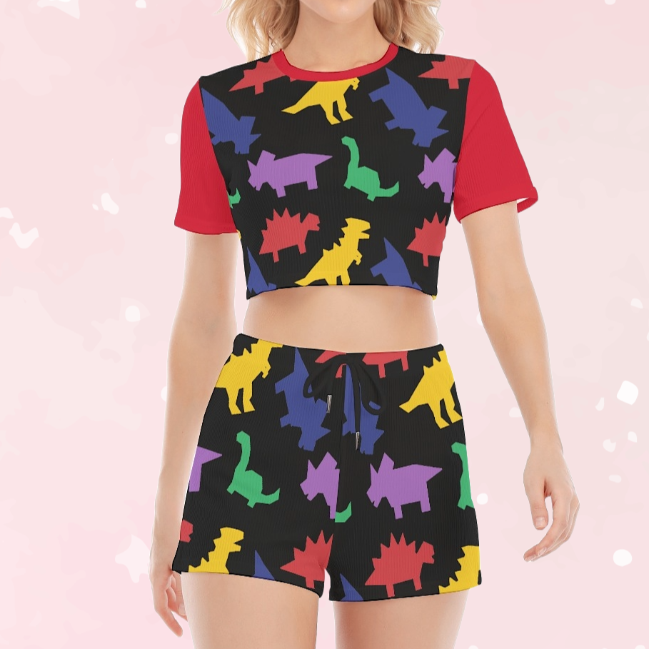 Colorful Lil Dinos Black 2Pc Shorts Set