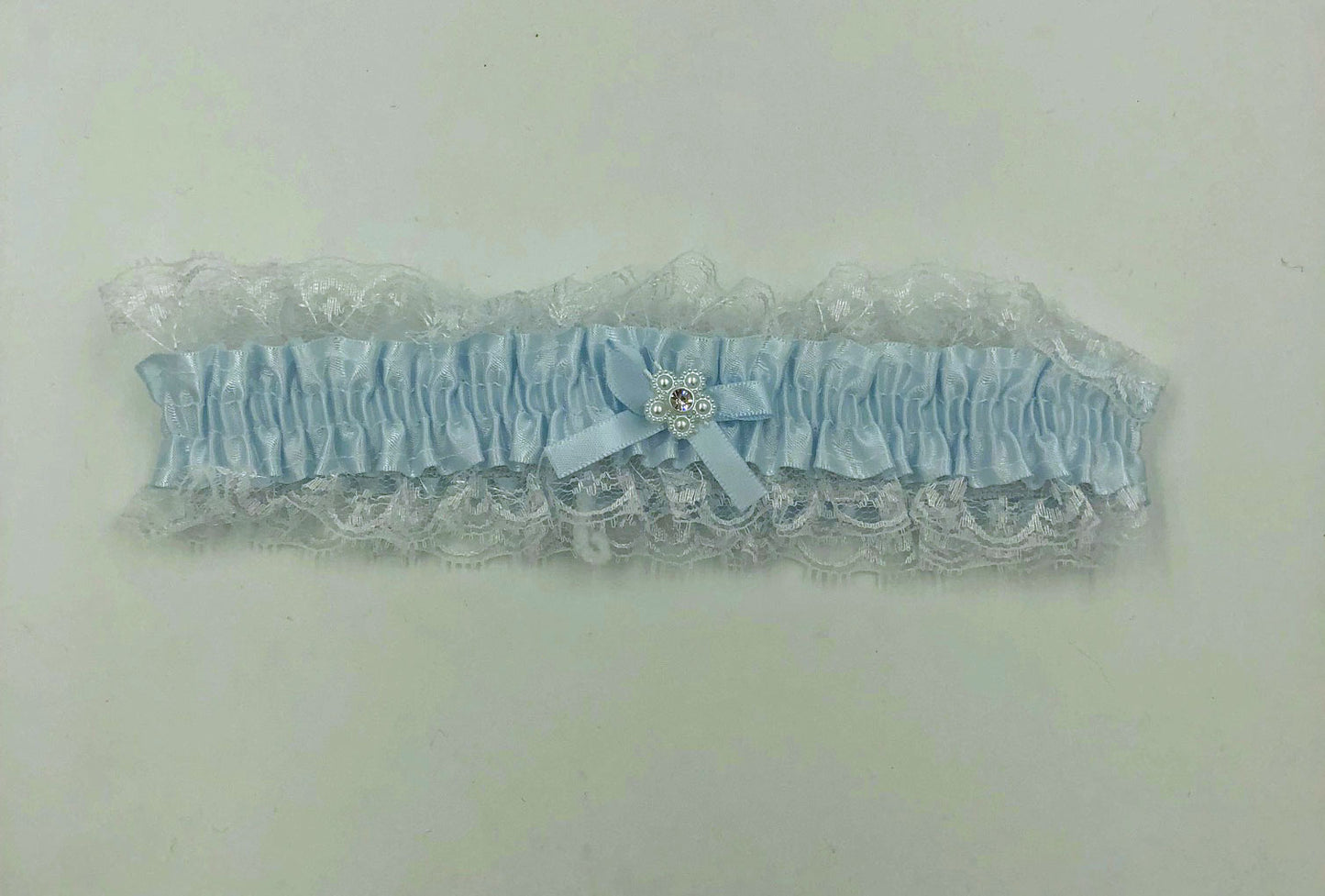 Satin Leg Garter One Size Baby Blue With White Lace