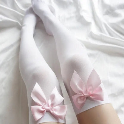 Sweet Bow Thigh Highs White Pink Bow One Size