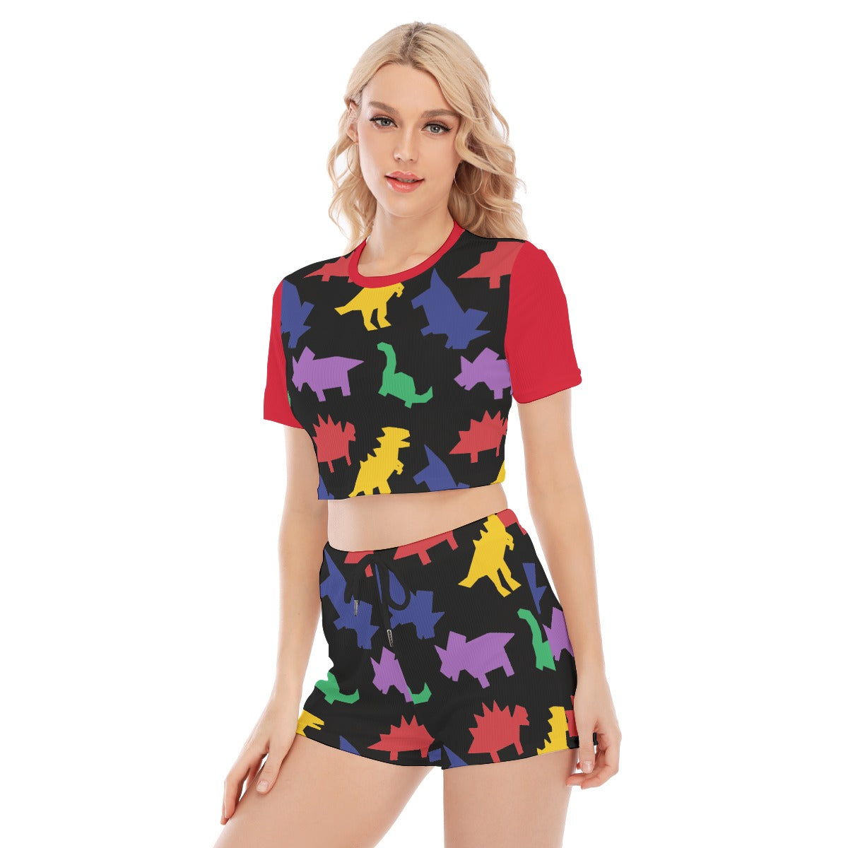 Colorful Lil Dinos Black 2Pc Shorts Set