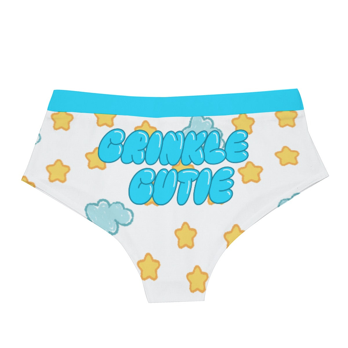 White underwear with blue text 'Brinkle Cutie' and star patterns on a white background