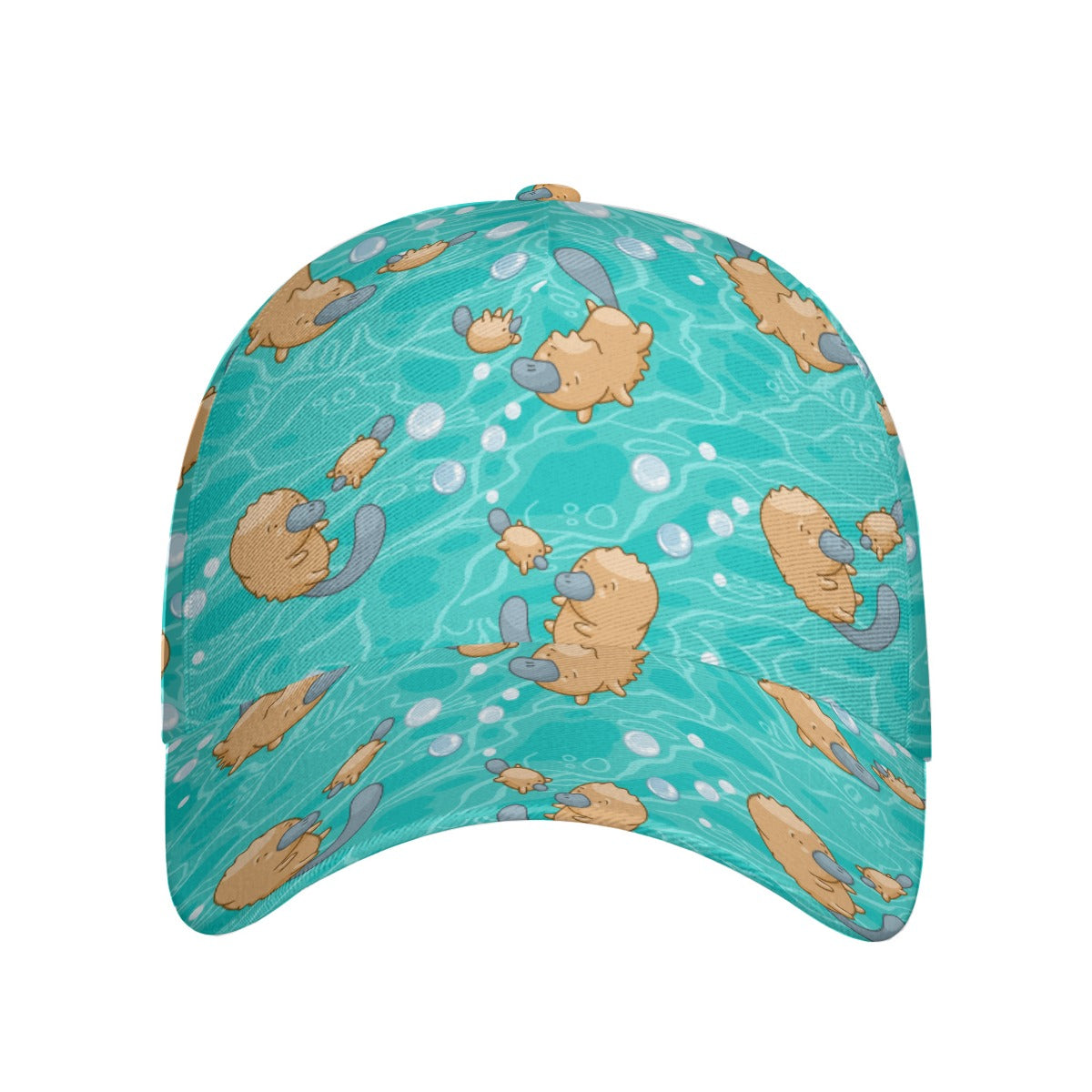 Turquoise swim cap with cartoon sea lion design on a white background