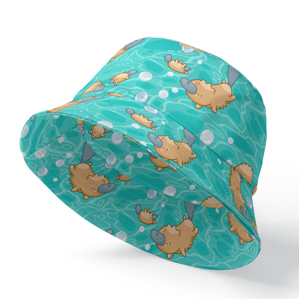 Bucket hat with cartoon character pattern on a teal background