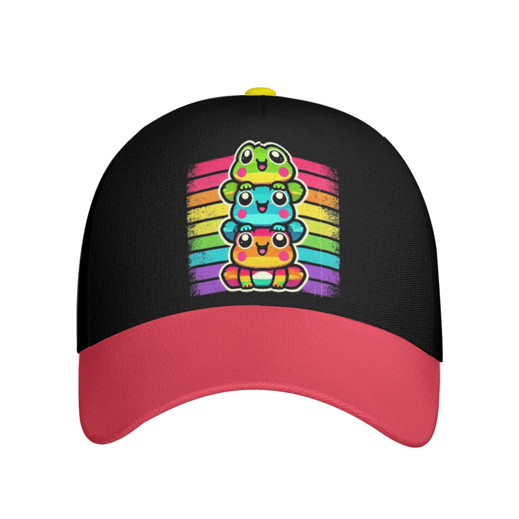 Black and red cap with colorful frog design on a white background