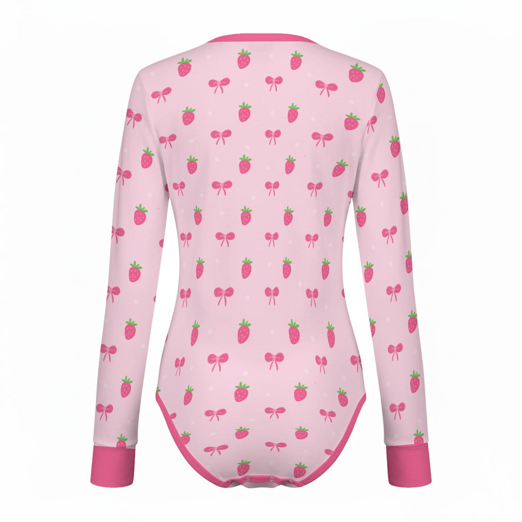 Strawberry Bow Long Sleeve CuddleSuit