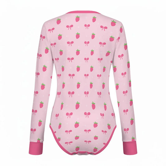 Strawberry Bow Long Sleeve CuddleSuit - Puppy's Aesthetics