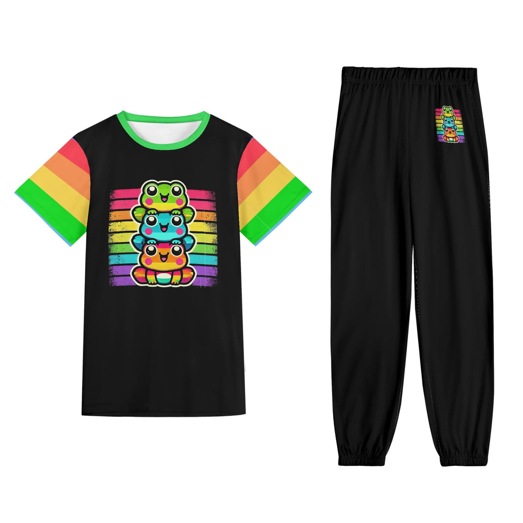 Black t-shirt with colorful rainbow design and black pants with a colorful pocket on a white background