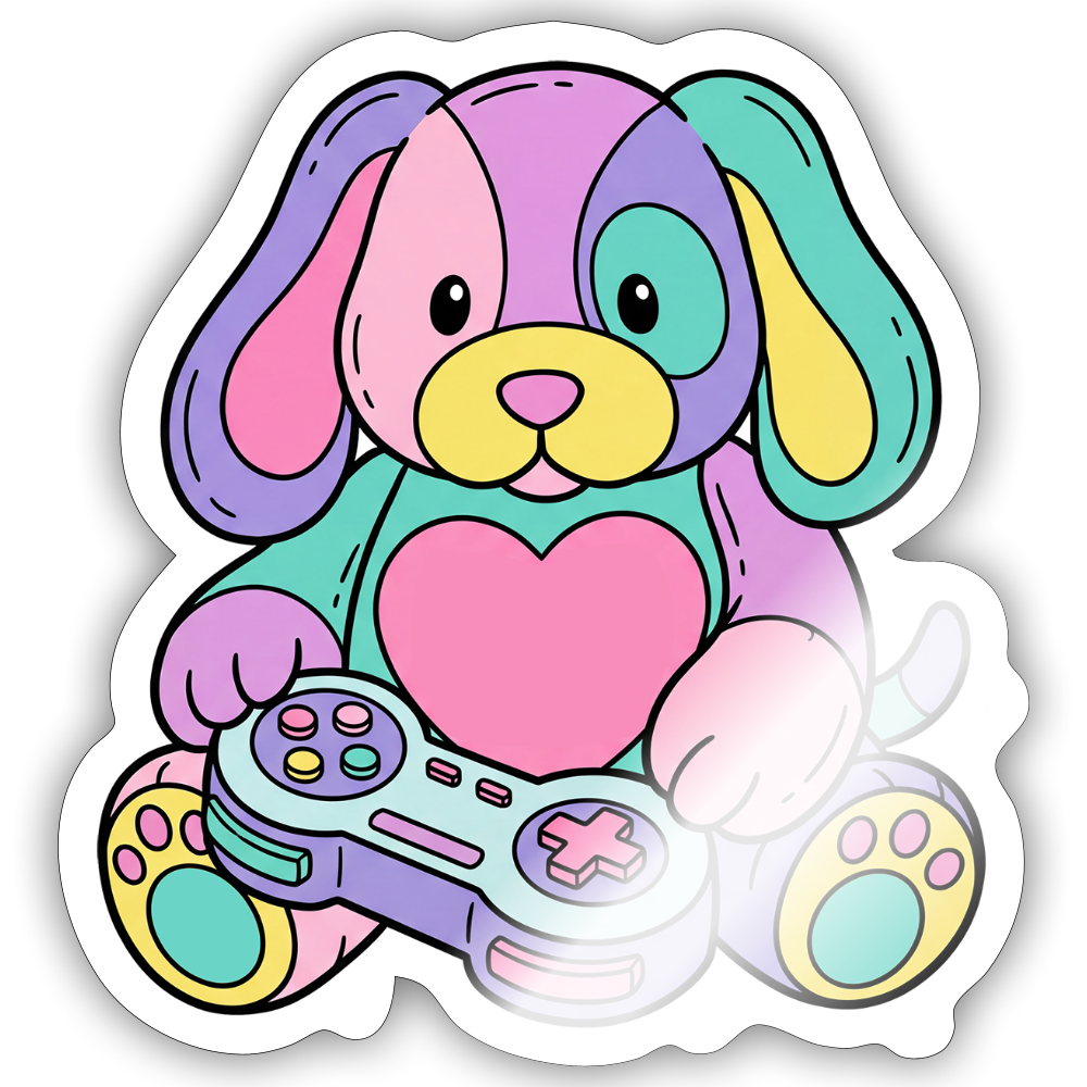 Gamer Pup Plushie Sticker - white glossy