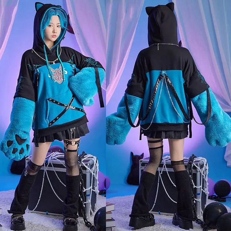 Kawaii Pullover Hoodie with Furry Paw Gloves