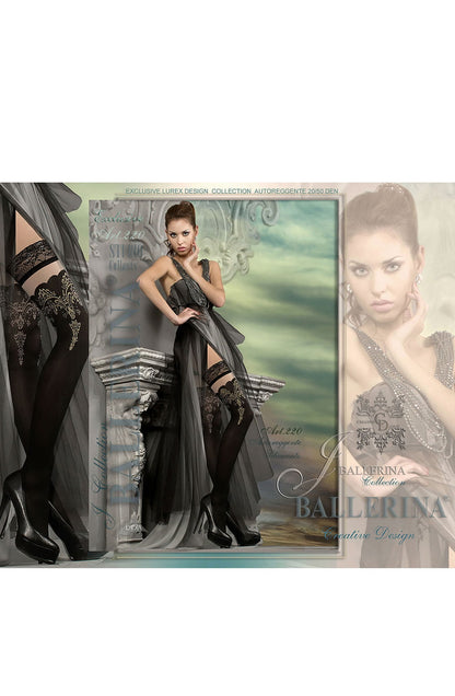 Semi-Opaque Hold Up Stockings with Embroidered Tops and Gold Lurex Detailing (Black)