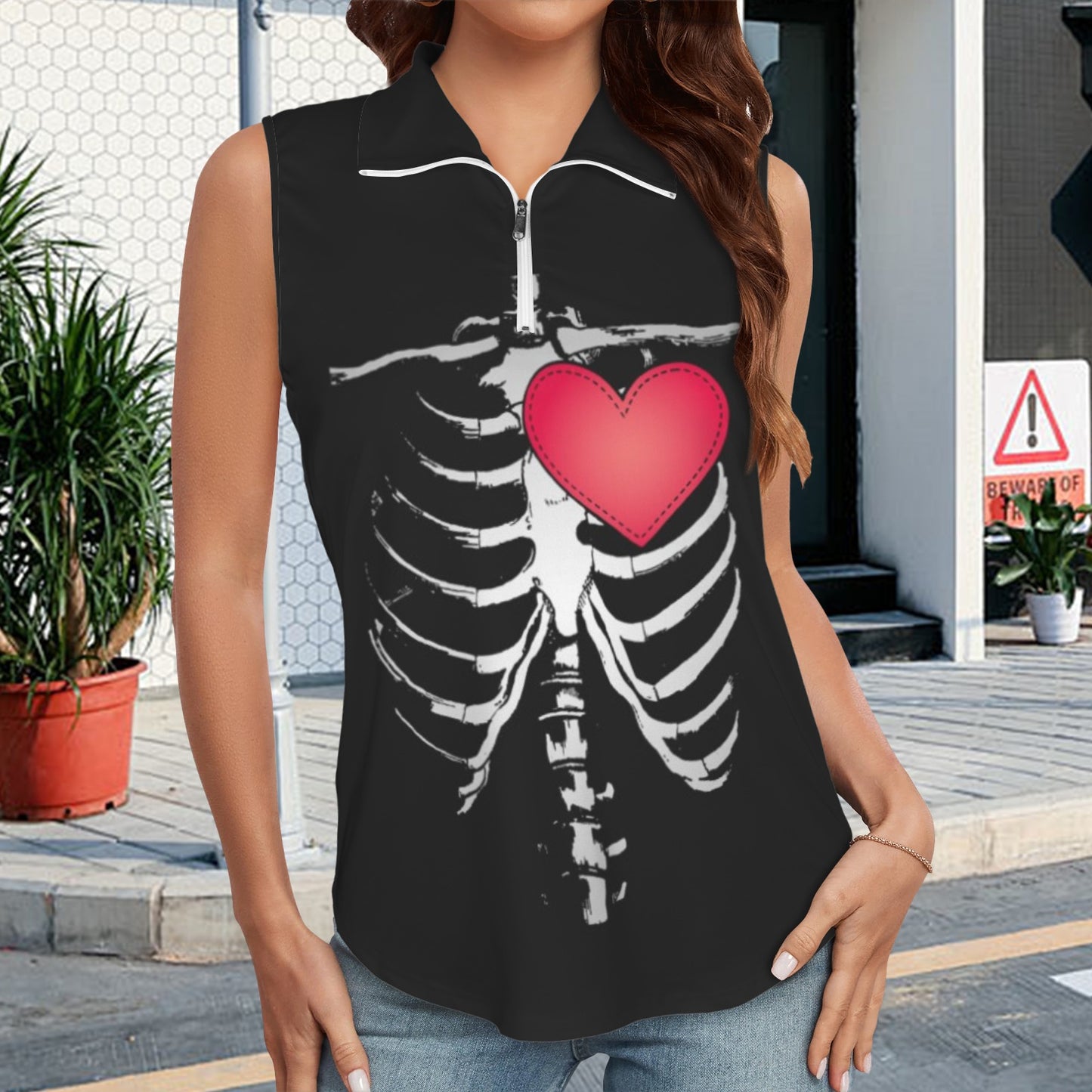 Women's Skull Heart Print Lapel Zip Up Sleeveless Active Tops