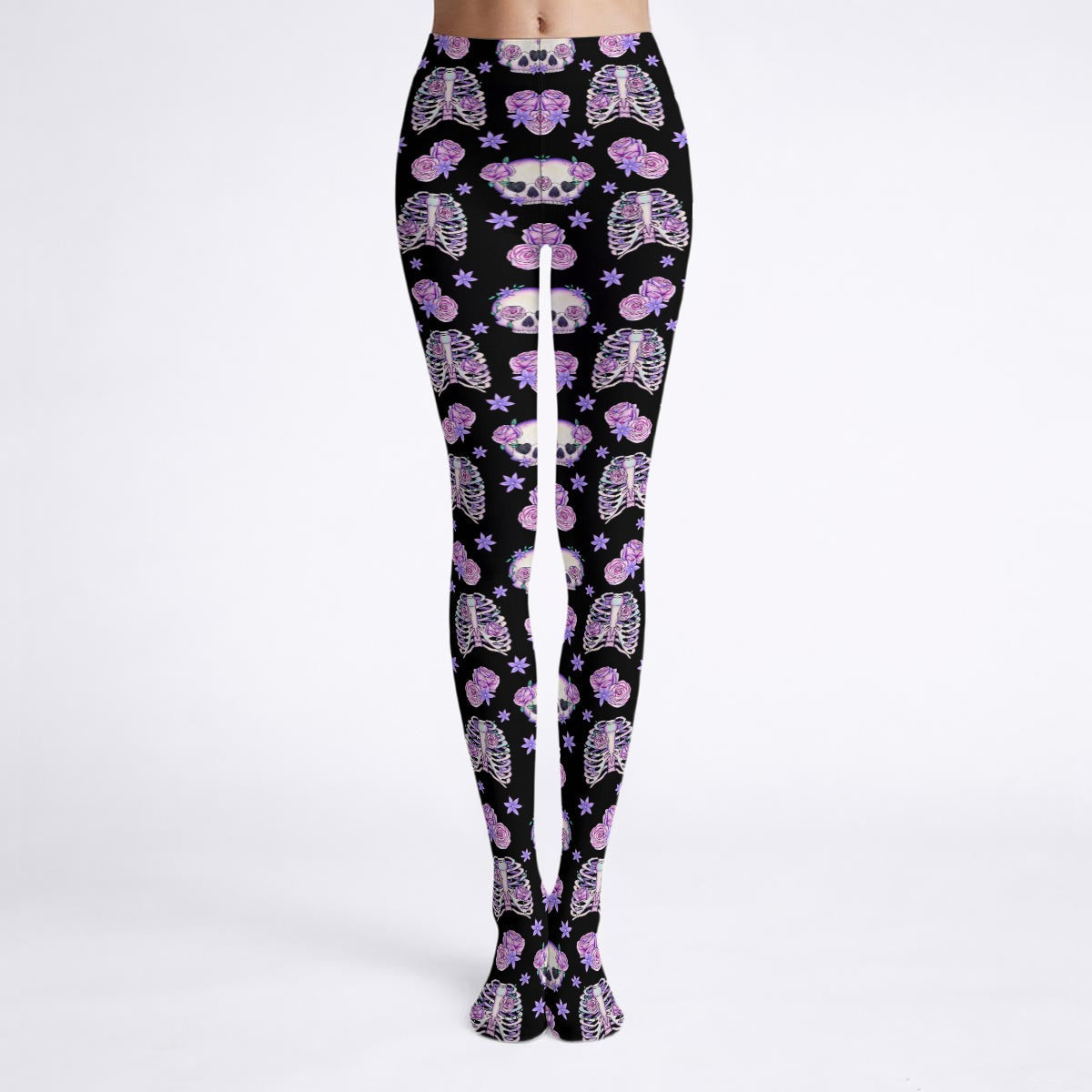 Pastel Goth Bones & Roses Stretch Tights