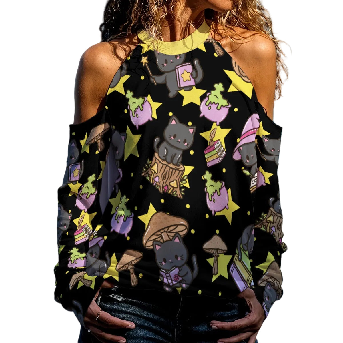 Witchy Kitty Cold Shoulder Sweater