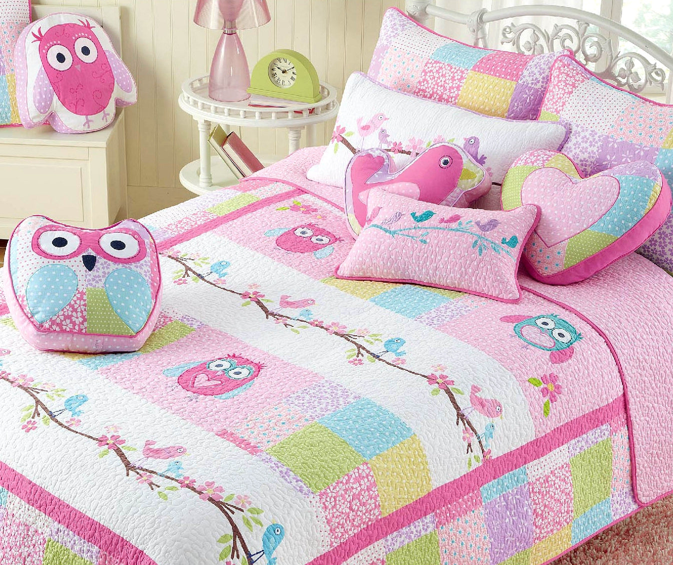 Pink Owl Patchwork Embroidered Heart Throw Pillow