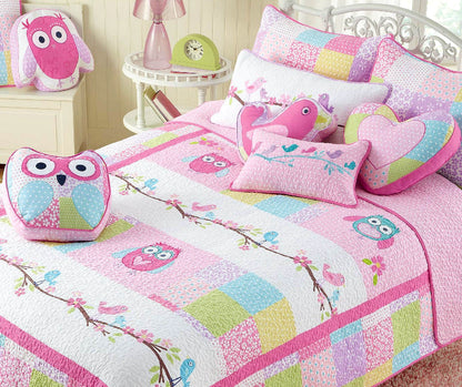 Pink Owl Patchwork Embroidered Heart Throw Pillow