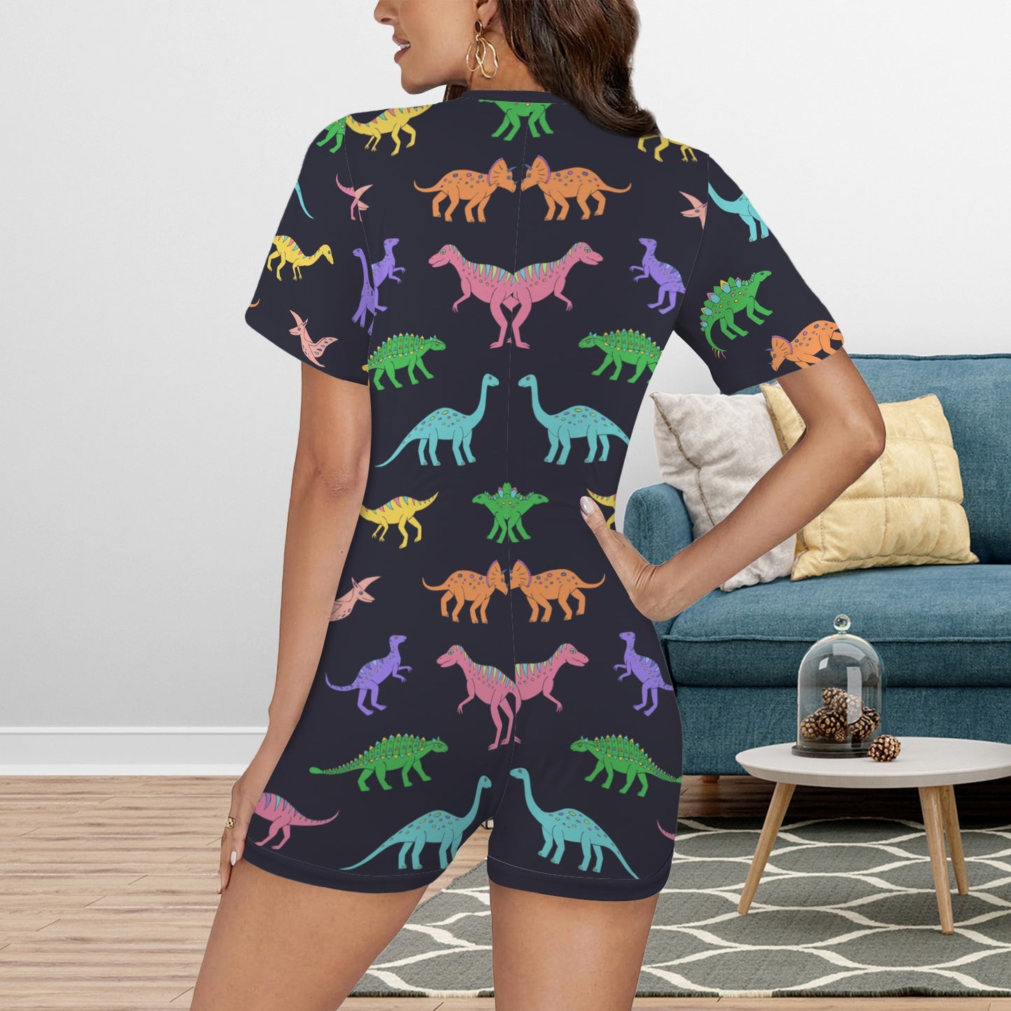 Women's Cartoon Dinosaur V-Neck Short Sleeve Button Onesies Pajamas