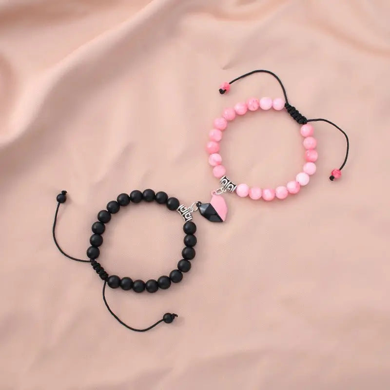Natural Stone Love Magnet Couple Bead Bracelet (Colors) Pink Beads Black Frosted Pair