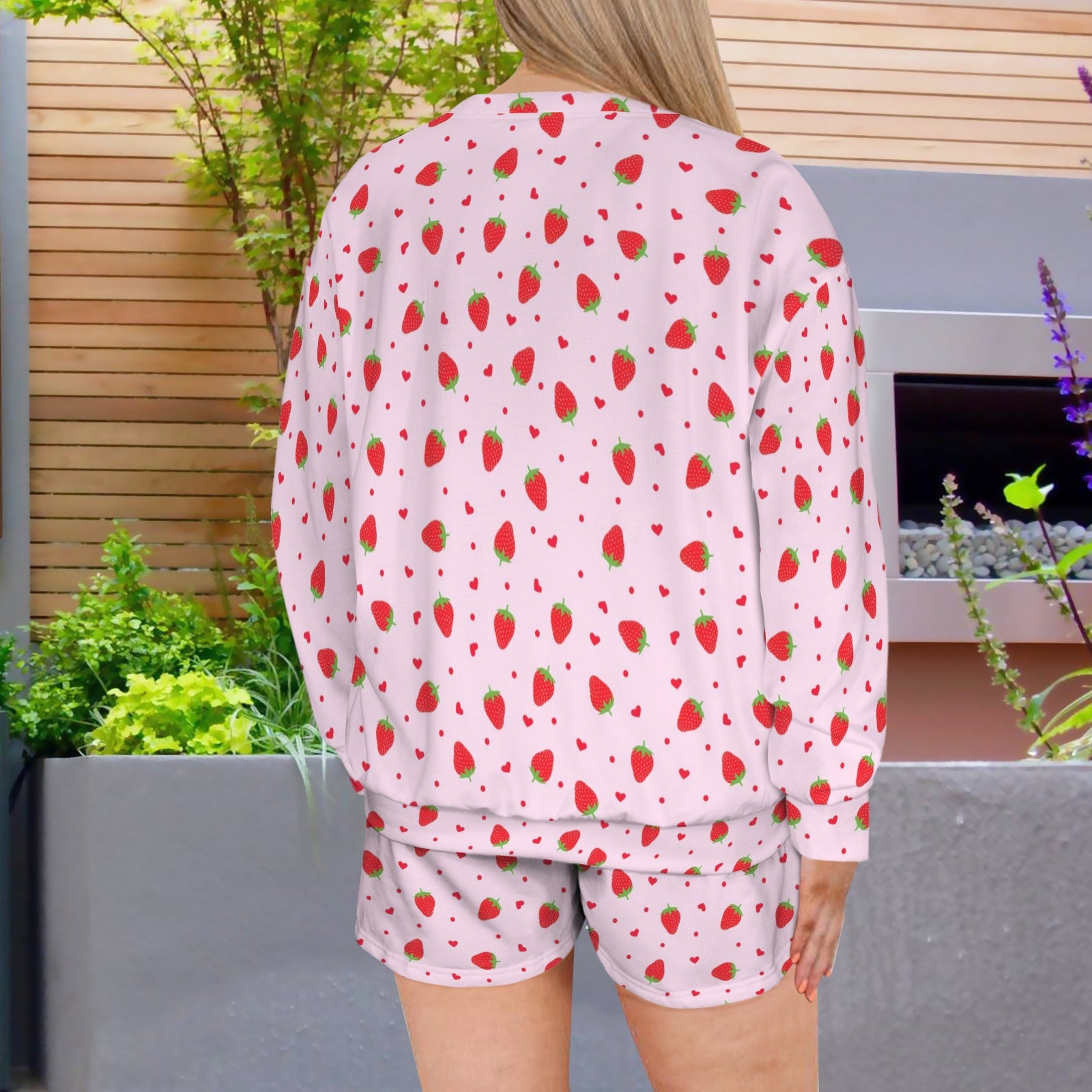 Women's Strawberry Print Long Sleeve Fleece Sweatshirt & Drawstring Shorts Set