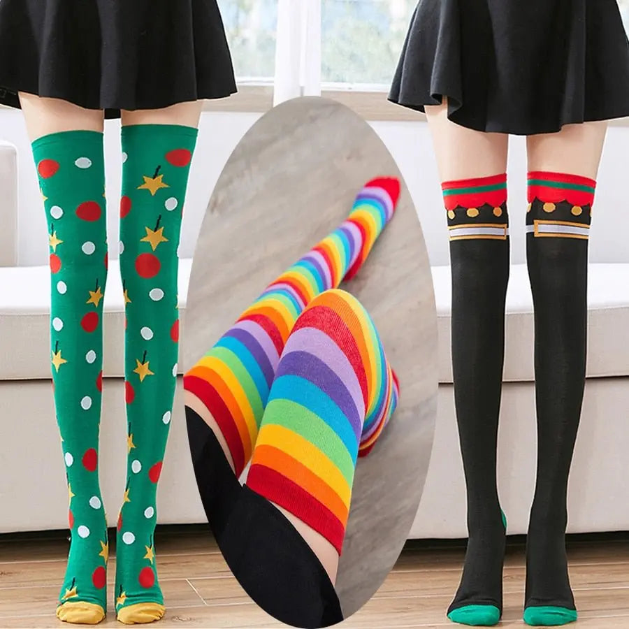 3 Pairs Stockings Colorful Stripes Over Knee Puppy's Aesthetics