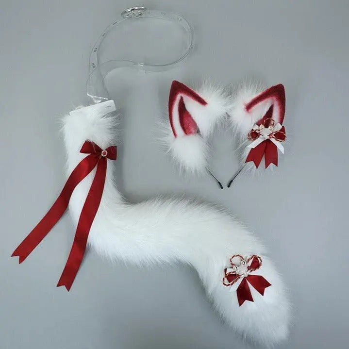 Plush Red White Lolita Ears and Tail Set ears and tail