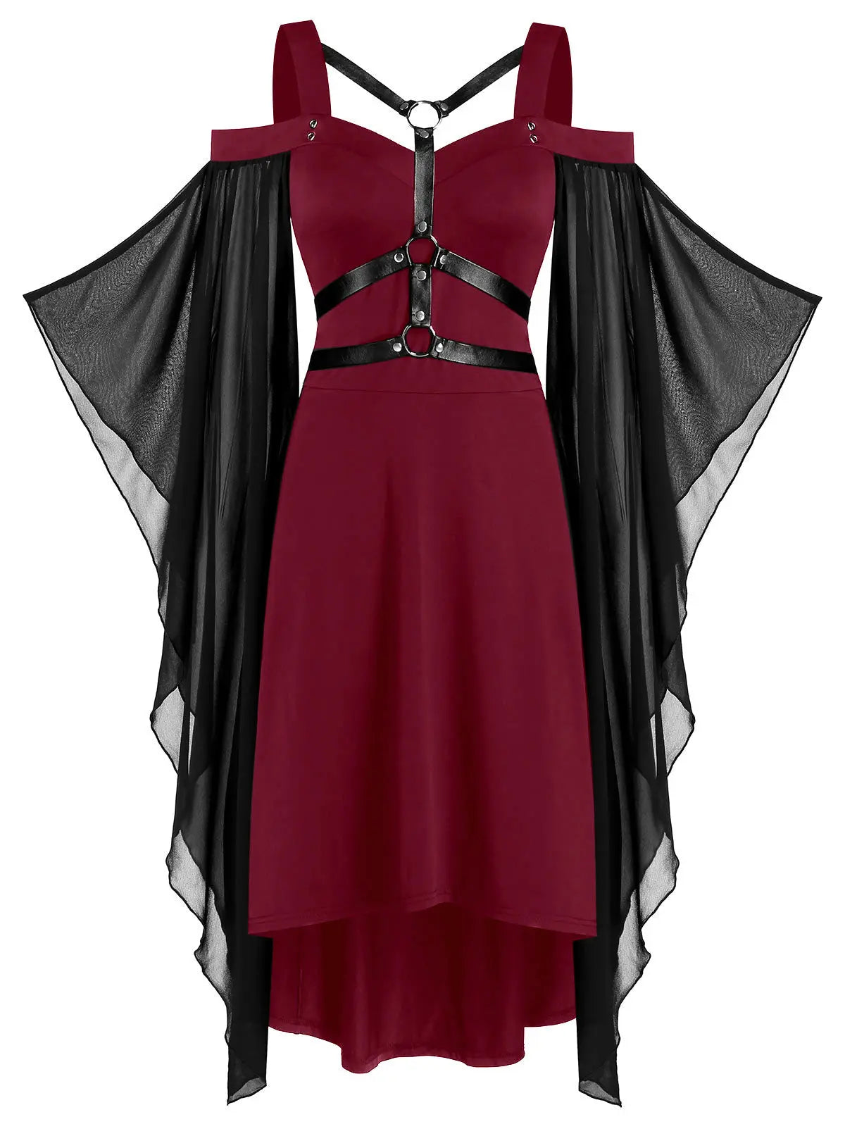 Plus Batwing Sleeve Lace-Up Harness Cold Shoulder Dress (Colors) Wine Red
