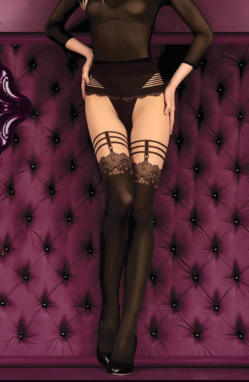 Patterned Tights with Floral and Stripe Design (Skin/Nero)