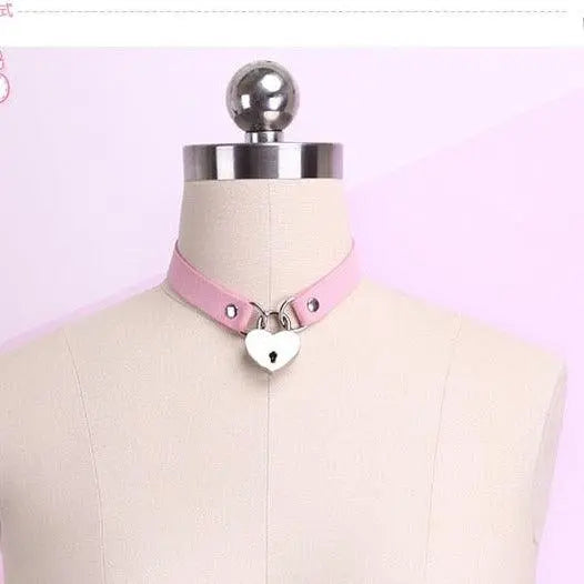 Kawaii Pink Heart Lock Collar Pink