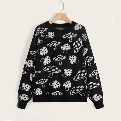 Mushroom Pattern Drop Shoulder Sweater Black