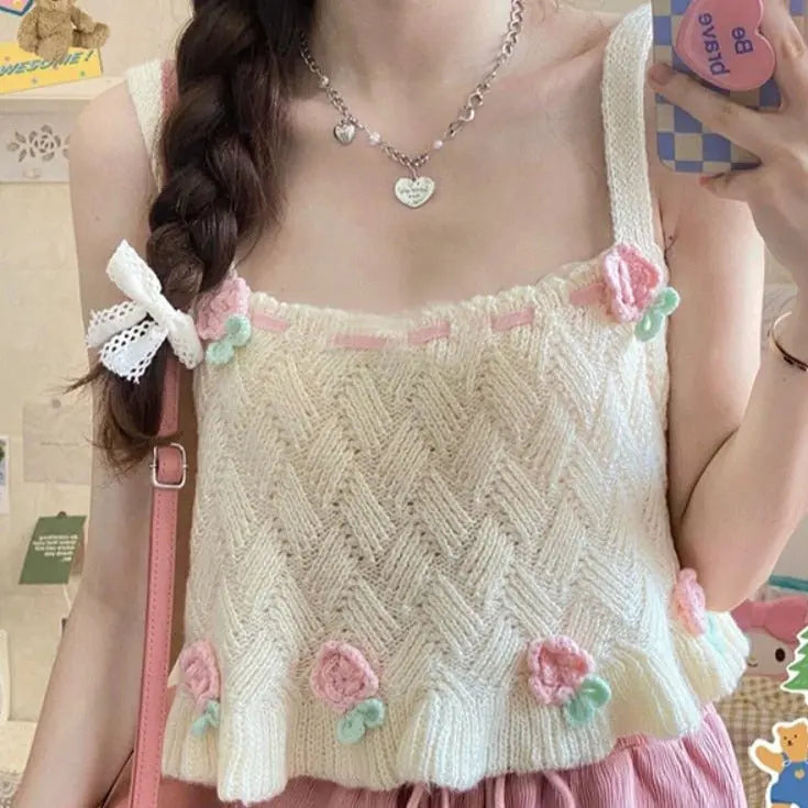 Kawaii Chic Tank Top Flower Embroidery Knitted