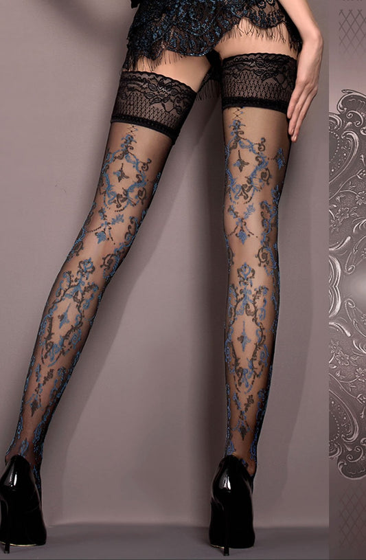 Hold Up Stockings with Pattern and Silicone Strips (Black/Blue)