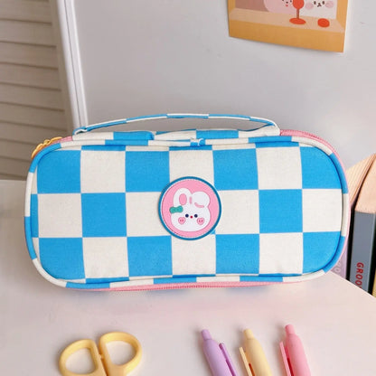 Kawaii Checkerboard Pencil Case (Colors) Blue-Portable