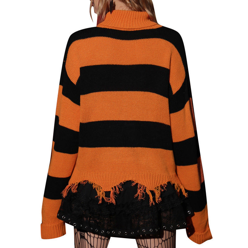 Striped Bat Embroidered Turtleneck Sweater