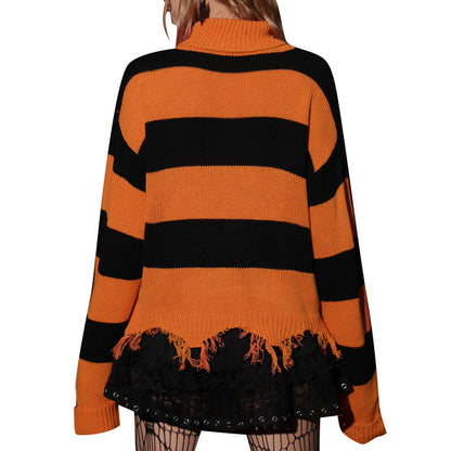 Striped Bat Embroidered Turtleneck Sweater