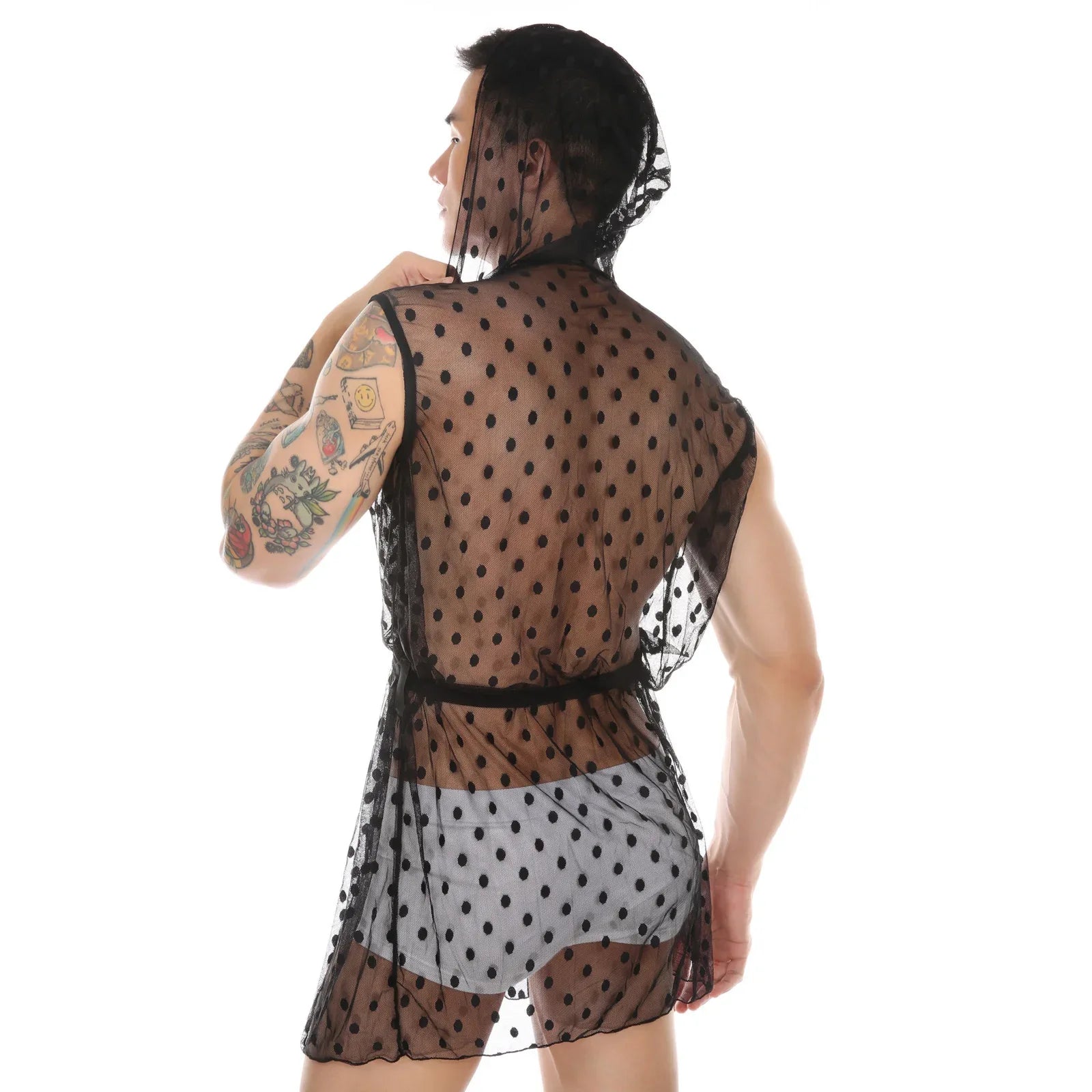 Midnight Whispers Men’s Lace Mesh Bathrobe - Puppy's Aesthetics